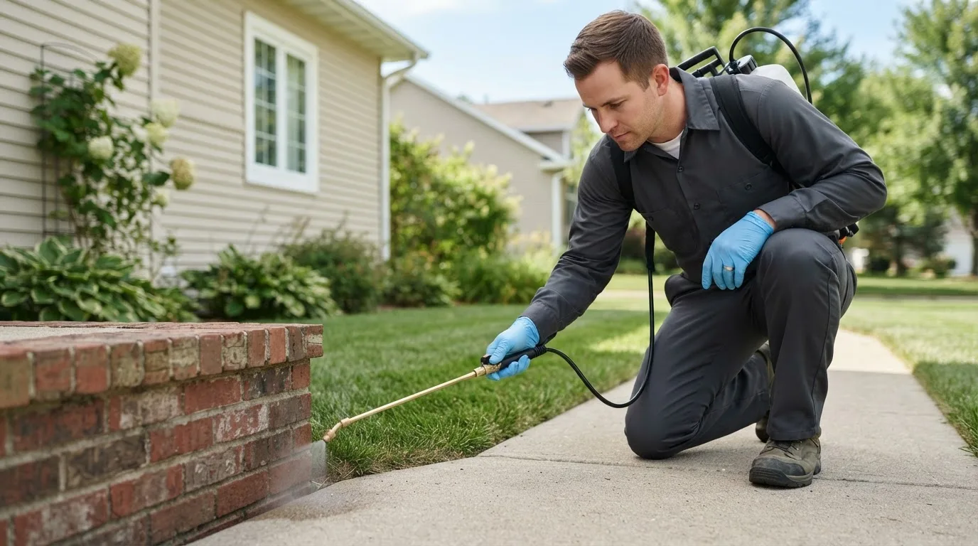 Pest control technician treating a home near Macomb, MI