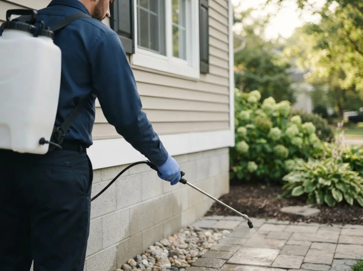 Pest control technician inspecting a home in Macomb, MI